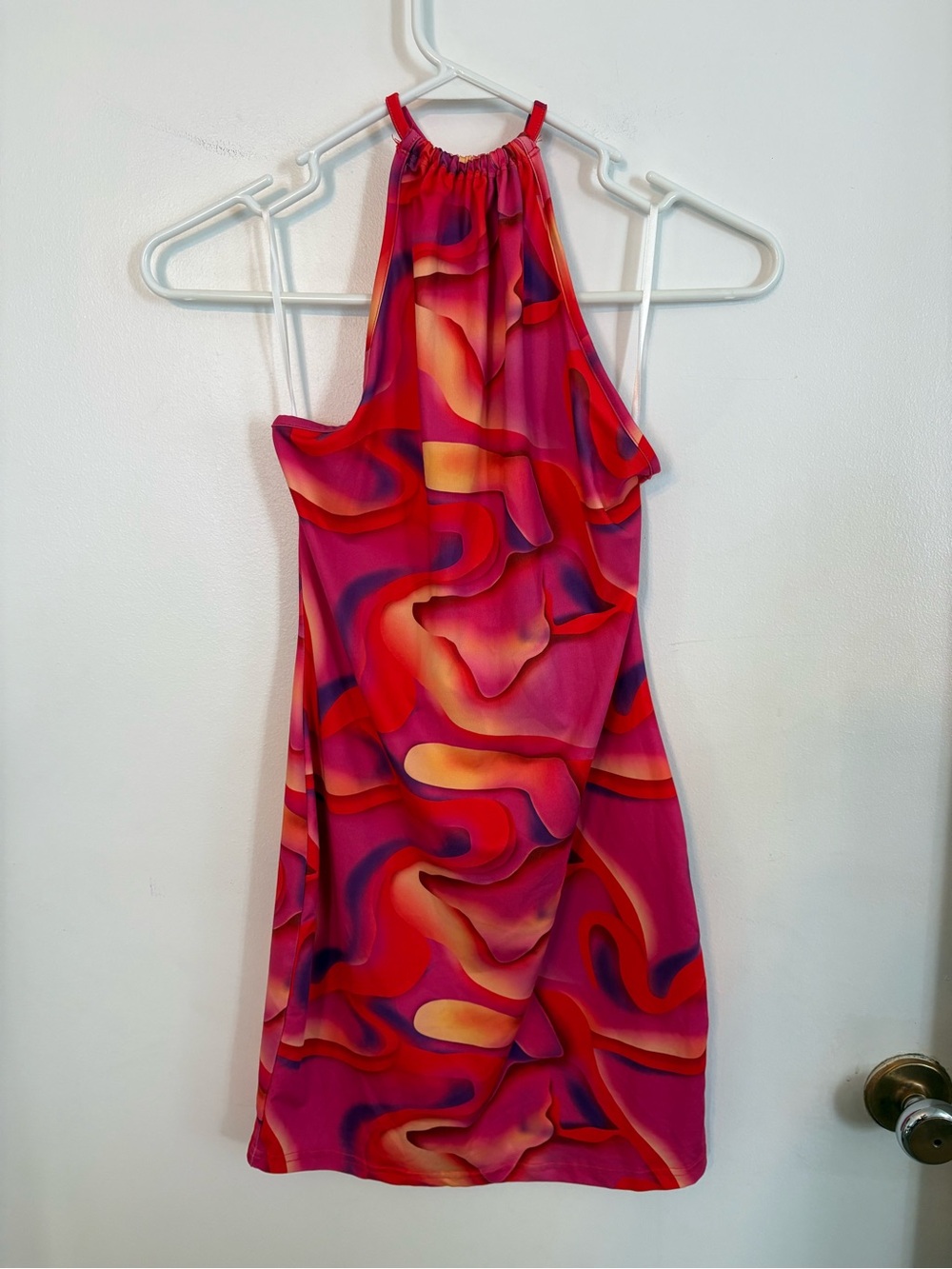Halter-Neck Abstract Print Dress in Pink & Red